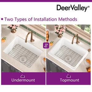 24" L X 19" W Rectangular White Fireclay Undermount Kitchen Sink with Basket Strainer and Sink Grid