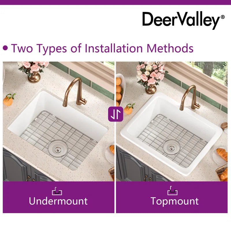 24" L X 19" W Rectangular White Fireclay Undermount Kitchen Sink with Basket Strainer and Sink Grid