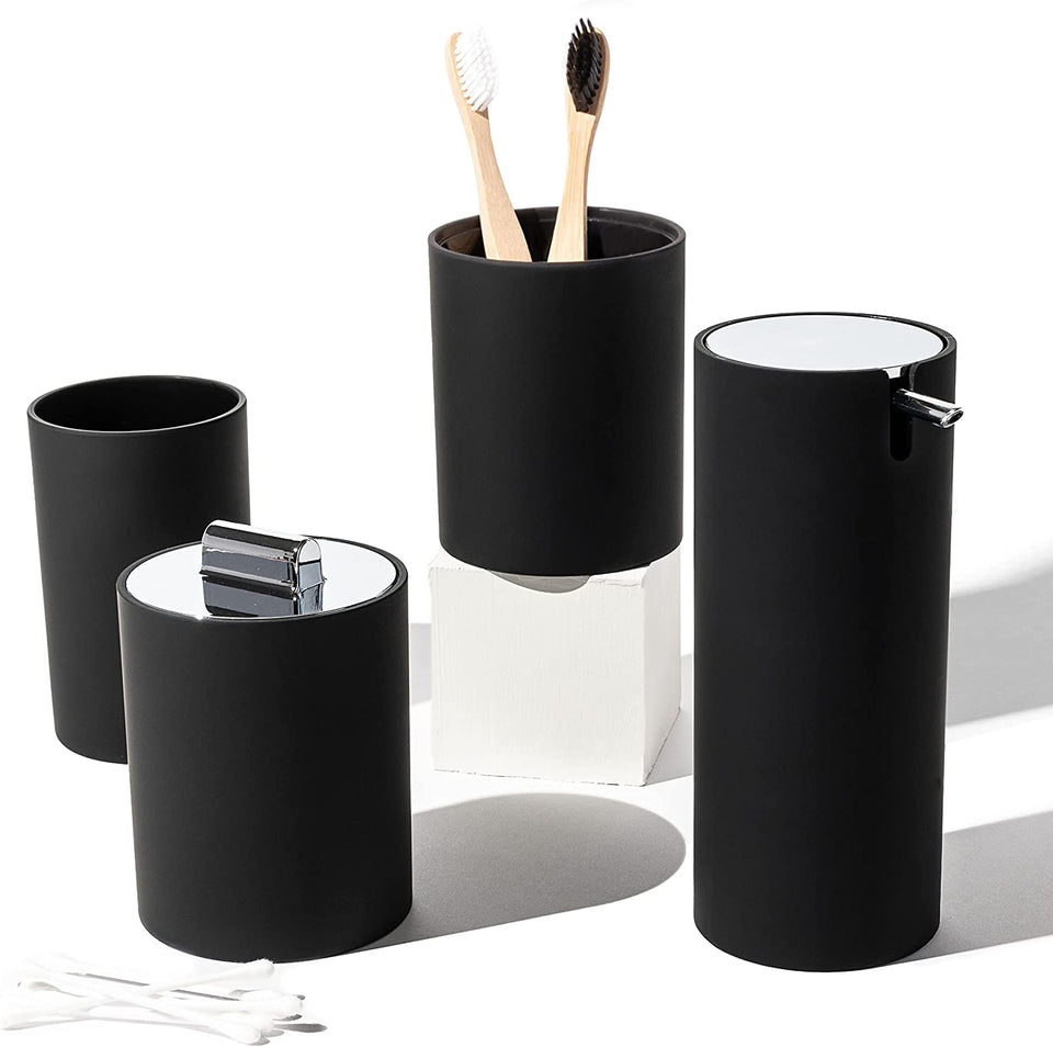 Sleek Matte Black Bathroom Accessory Set 4 Pcs Complete Bathroom Set Modern Bathroom Decor Bathroom Organizer Accesorios Para Baños Toothbrush Holder Soap Dispenser Set Home Decor Clearance