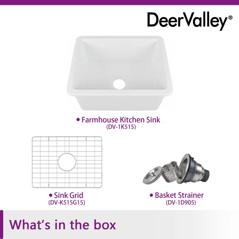 24" L X 19" W Rectangular White Fireclay Undermount Kitchen Sink with Basket Strainer and Sink Grid