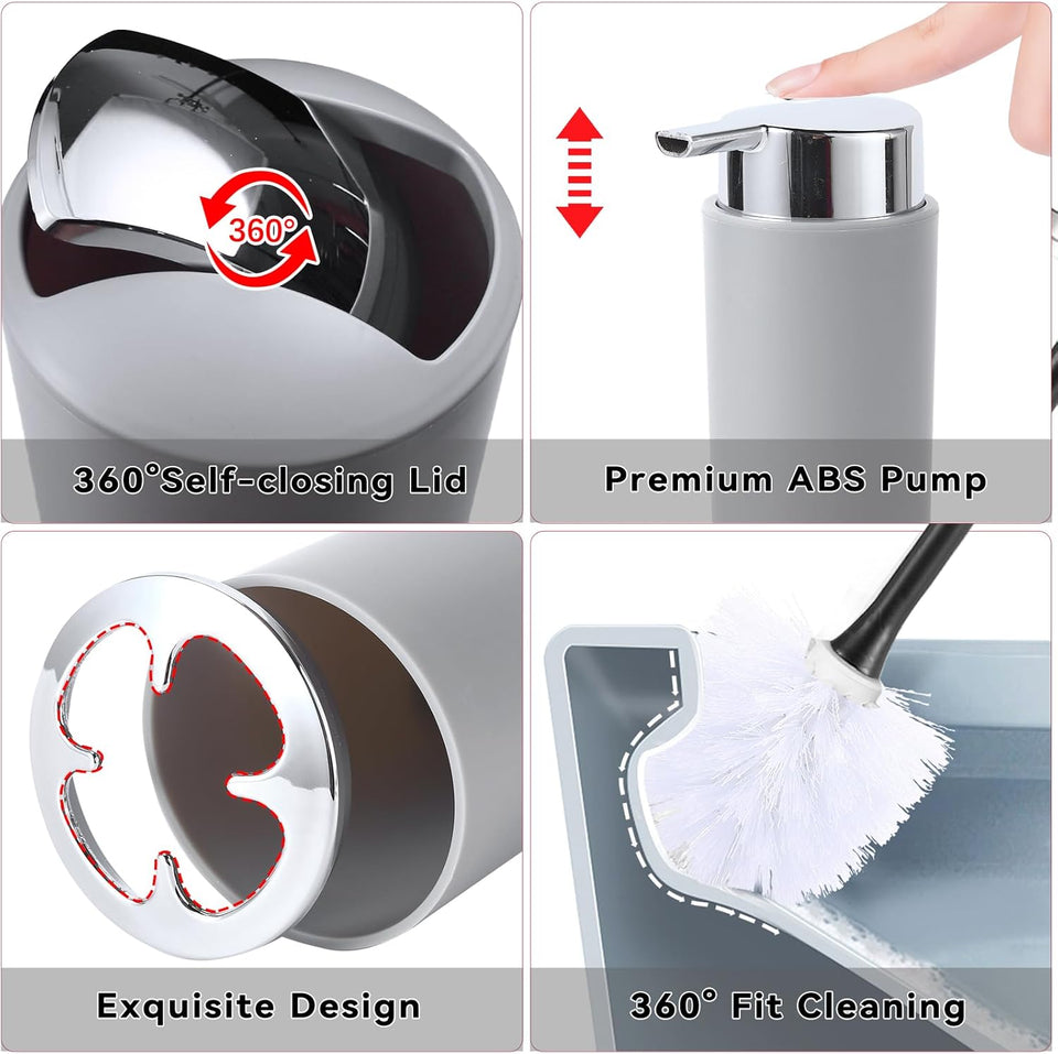 Bathroom Accessories Set Grey Bathroom Set with Trash Can, Toothbrush Holder Soap Dispenser Soap and Lotion Set Tumbler Cup Qtip Holder