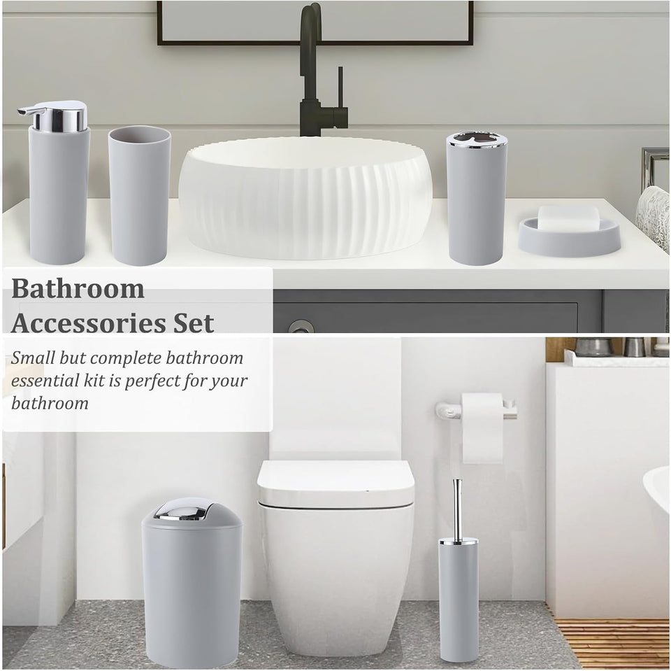 Bathroom Accessories Set Grey Bathroom Set with Trash Can, Toothbrush Holder Soap Dispenser Soap and Lotion Set Tumbler Cup Qtip Holder