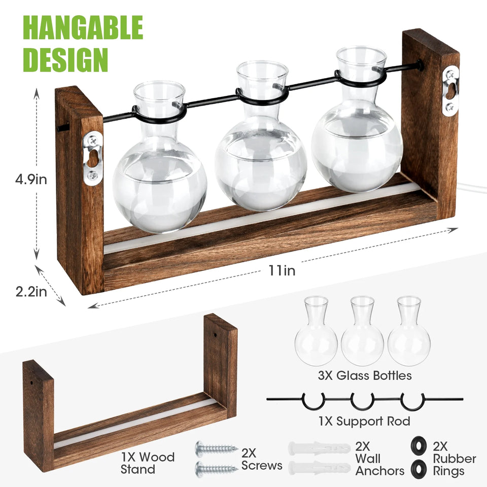 Light up Desktop Plant Terrarium with Wooden Stand, Wall Mount Plant Propagation Station, Glass Air Planters for Indoor Plants 3 Bulb Detachable Vases for Hydroponics, Home & Office Decor