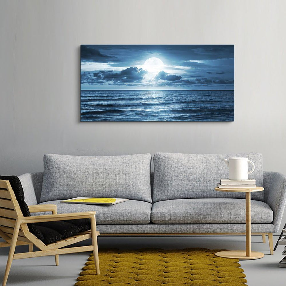Canvas Wall Art for Living Room Decorations Photo Prints - Blue Sea View the Moon Landscape - Large Modern Home Decor Room Stretched and Framed Ready to Hang Picture Artwork (20 X 40Inch X 1Pcs)