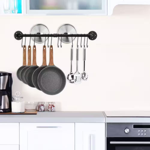 31.5 In. Black Wall Mounted Pot Rack with 14-Hooks, Detachable Pan Lid Utensils Organizer, Hanging Pot Rack Rail