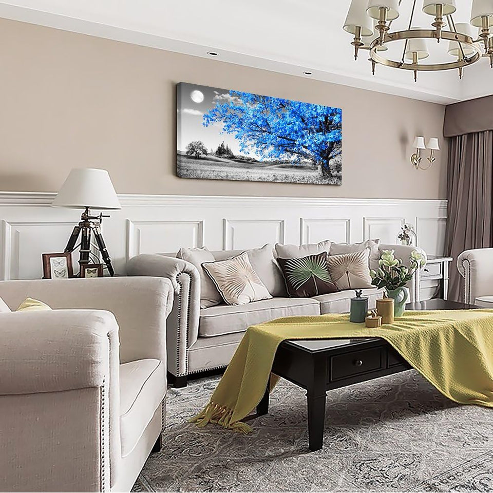 Large Wall Art for Living Room Blue Moon Tree Landscape Abstract Painting Office Bedroom Wall Decor 30" X 60" Single Pieces Canvas Prints Ready to Hang for Home Decoration Black and White Works of Art