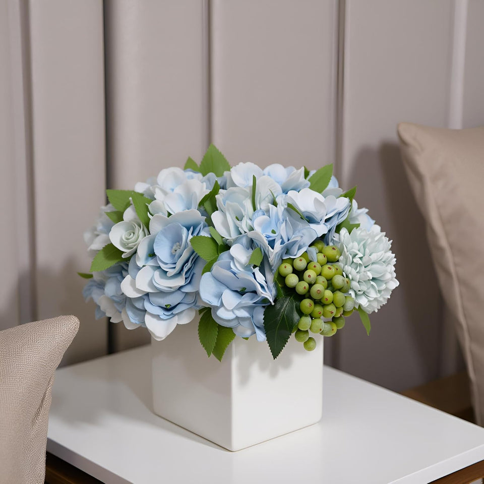 Fake Flowers in Ceramic Vase,Faux Hydrangea Flower Arrangements for Home Decor Artificial Flowers with Vase
