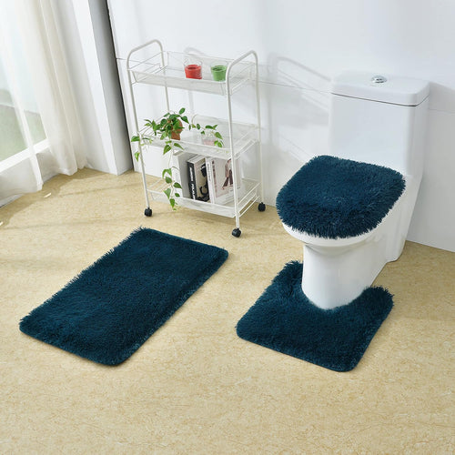 2Pc/3Pc Fluffy Bathroom Rugs Shaggy Bathroom Rugs Sets 2 Piece Bathroom Rugs Sets 3 Piece Toilet Lid Bathroom Decor Set Soft & Washable(3Pc Set, Teal)