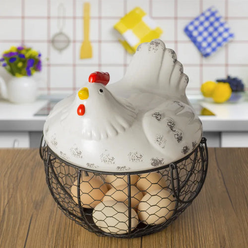 Joylove Ceramic Egg Basket Fruit Basket Garlic Potato Sundries Blue Ceramic Kitchen Decoration Creative Hen Storage Iron Basket