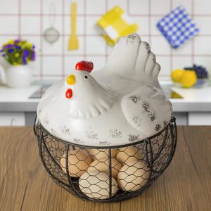 Joylove Ceramic Egg Basket Fruit Basket Garlic Potato Sundries Blue Ceramic Kitchen Decoration Creative Hen Storage Iron Basket