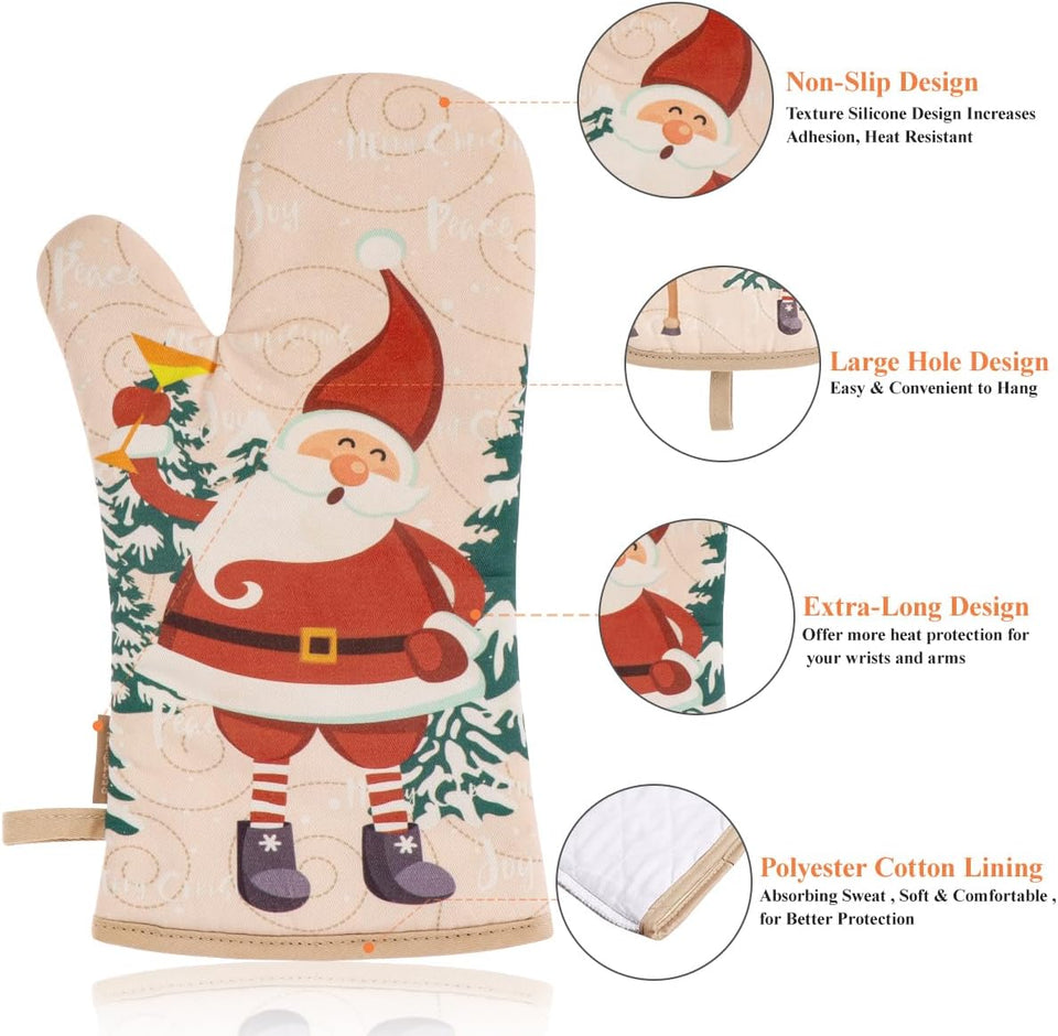 Cute Christmas Oven Mitt, 5PCS Merry Christmas Oven Mitts and Pot Holders Sets, Heat Resistant Oven Gloves and Pot Holders, Oven Mitt & Pot Holder for Christmas Kitchen Cooking Baking