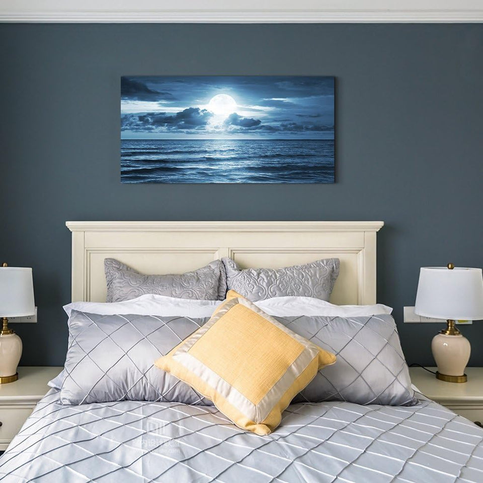 Canvas Wall Art for Living Room Decorations Photo Prints - Blue Sea View the Moon Landscape - Large Modern Home Decor Room Stretched and Framed Ready to Hang Picture Artwork (20 X 40Inch X 1Pcs)