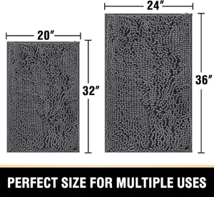 Bath Mats - Non Slip Luxury Chenille Bathroom Rugs, Extra Soft Absorbent Shaggy, Washable Fast Dry 2 Piece (Grey, 24" X 36"/20" X 32")