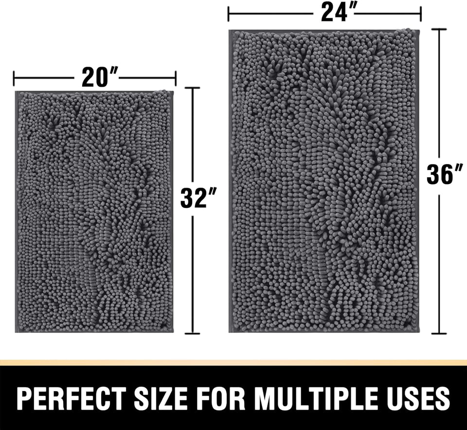 Bath Mats - Non Slip Luxury Chenille Bathroom Rugs, Extra Soft Absorbent Shaggy, Washable Fast Dry 2 Piece (Grey, 24" X 36"/20" X 32")
