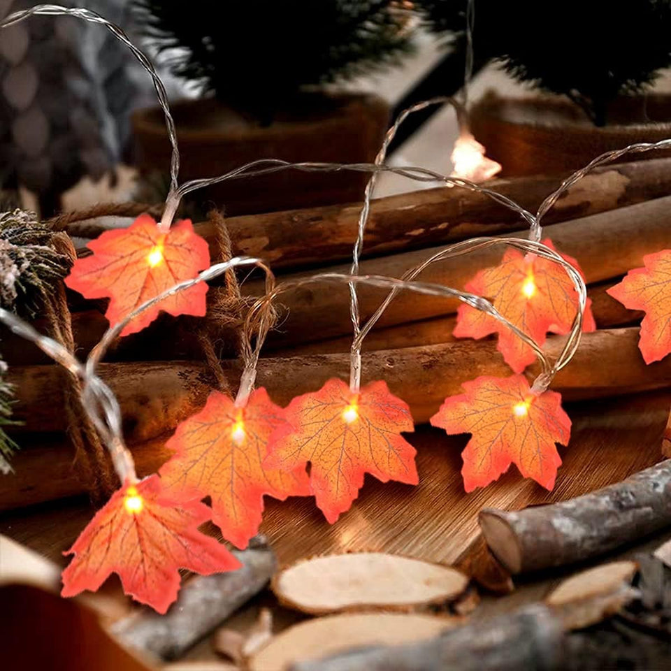 Thanksgiving Maple Leaf String Lights-2Strings/Box 15Ft 40Fairy Thanksgiving Lights-Waterproof Battery Box-8 Modes Golden Maple Lighted –Thanksgiving Decoration for Home Indoor Autumn