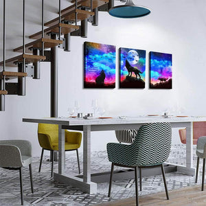 Canvas Wall Art for Living Room Wall Decor for Bedroom Kitchen Canvas Art Prints Artwork Modern Framed Room Home Decorations Blue Starry Sky Landscape Paintings Wolf Office Hang Pictures 3 Pieces