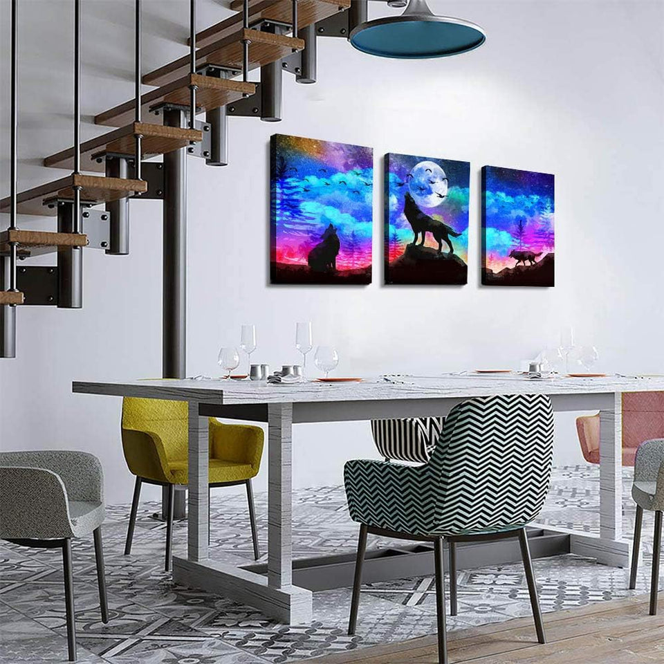 Canvas Wall Art for Living Room Wall Decor for Bedroom Kitchen Canvas Art Prints Artwork Modern Framed Room Home Decorations Blue Starry Sky Landscape Paintings Wolf Office Hang Pictures 3 Pieces
