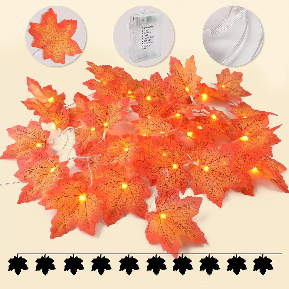 Thanksgiving Maple Leaf String Lights-2Strings/Box 15Ft 40Fairy Thanksgiving Lights-Waterproof Battery Box-8 Modes Golden Maple Lighted –Thanksgiving Decoration for Home Indoor Autumn