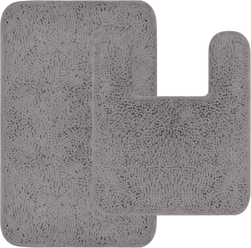 Chenille Grey Bathroom Rug Set - 2 Piece U Shaped Toilet Mats