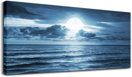 Canvas Wall Art for Living Room Decorations Photo Prints - Blue Sea View the Moon Landscape - Large Modern Home Decor Room Stretched and Framed Ready to Hang Picture Artwork (20 X 40Inch X 1Pcs)