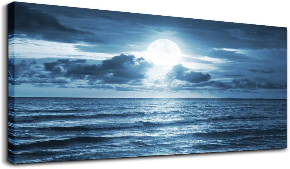 Canvas Wall Art for Living Room Decorations Photo Prints - Blue Sea View the Moon Landscape - Large Modern Home Decor Room Stretched and Framed Ready to Hang Picture Artwork (20 X 40Inch X 1Pcs)