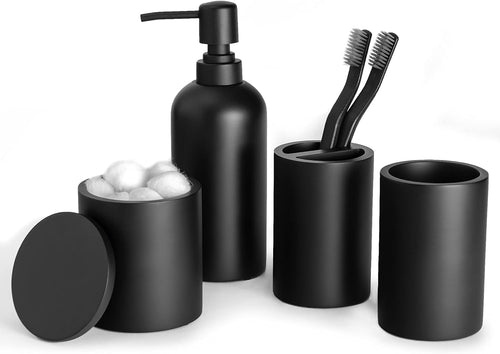 Black Bathroom Accessories Set – 4-Piece Matte Resin Vanity Organizer with Toothbrush Holder, Soap Dispenser, Tumbler & Cotton Swab Jar, Modern Countertop Decor for Guest Bathrooms
