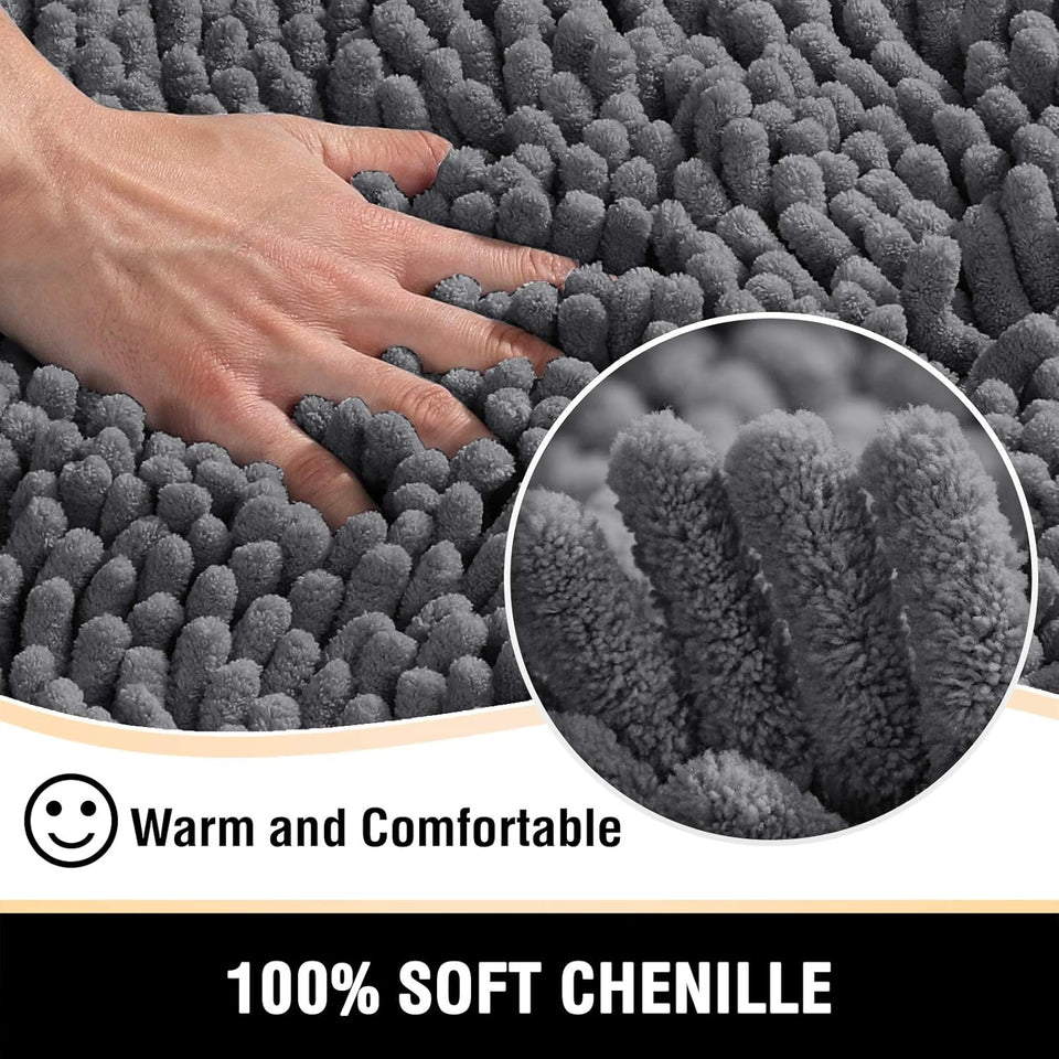 Bath Mats - Non Slip Luxury Chenille Bathroom Rugs, Extra Soft Absorbent Shaggy, Washable Fast Dry 2 Piece (Grey, 24" X 36"/20" X 32")