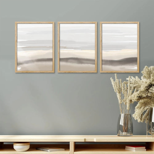 Framed Canvas Print Wall Art Set - Pastel Watercolor Gray Paint Strokes Art - Set of 3 Pop Art Abstract Illustrations Print Minimalism Wall Décor - 12