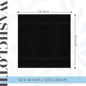 Luxury Cotton Washcloths 13X13 Inch - 650 GSM Turkish Cotton | Hotel, Spa, Bathroom Face Towel | 12 Pack, Black