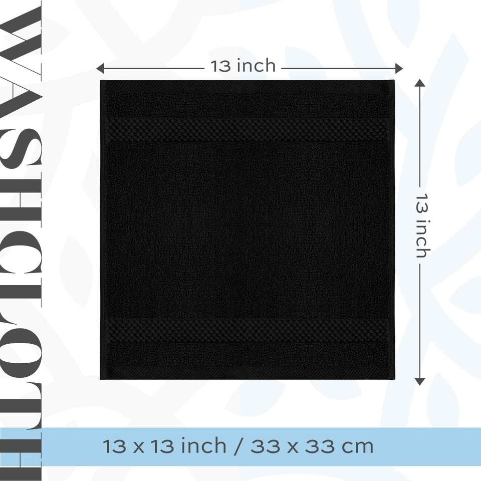 Luxury Cotton Washcloths 13X13 Inch - 650 GSM Turkish Cotton | Hotel, Spa, Bathroom Face Towel | 12 Pack, Black