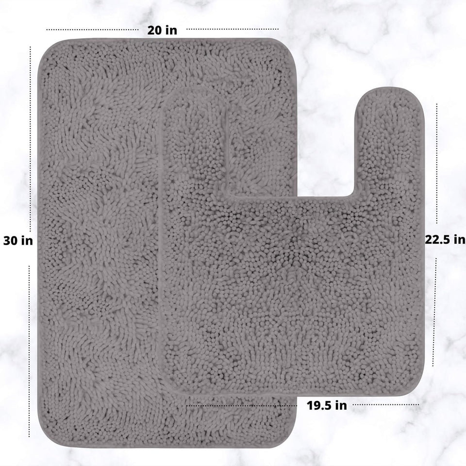 Chenille Grey Bathroom Rug Set - 2 Piece U Shaped Toilet Mats
