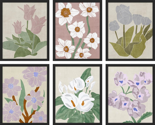 Framed Canvas Print Wall Art Set - Pastel Watercolor Wildflower Botanical Posters - Set of 6 Vintage Retro Antique Mixed Media Country Cultural Art Wall Décor - 8
