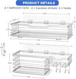 Self Adhesive Shower Shelves, 2 Pack Shower Caddy with 4 Hooks and Soap Holder, Rustproof Stainless Steel Shower Organizer
