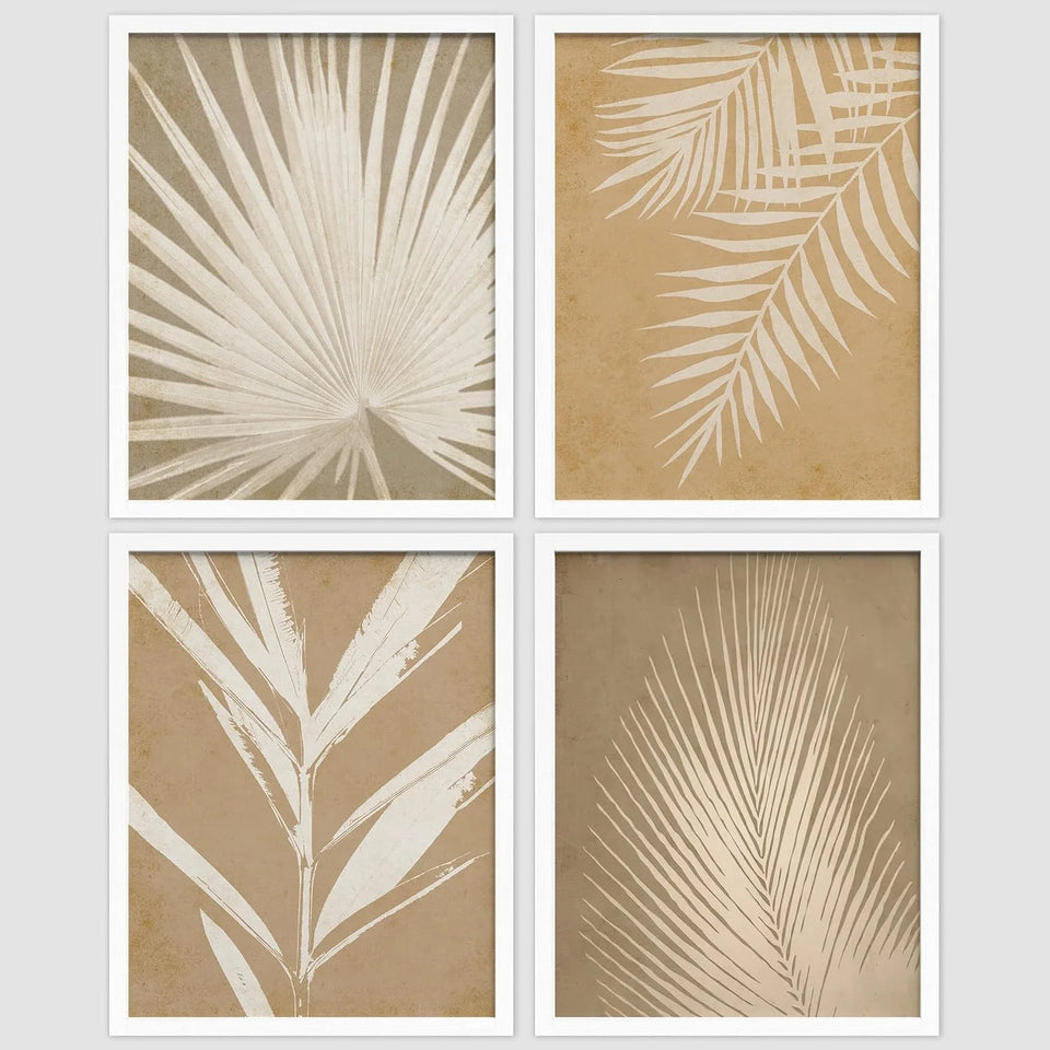 Framed Wall Art Grunge Brown Tropical Island Leaf Posters, Set of 4 Nature Wilderness Wall Decor Prints, Botanical Floral Wall Décor, Adhesive Canvas Print for Bedroom - 11"X14" White