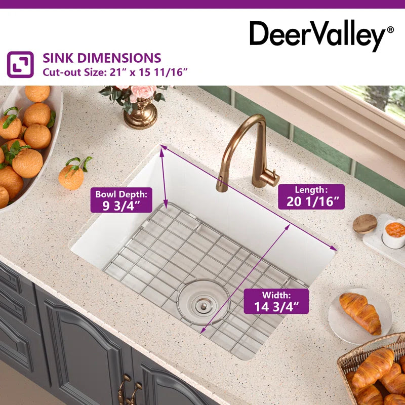24" L X 19" W Rectangular White Fireclay Undermount Kitchen Sink with Basket Strainer and Sink Grid