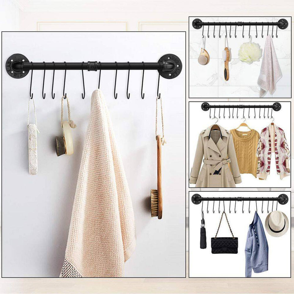 31.5 In. Black Wall Mounted Pot Rack with 14-Hooks, Detachable Pan Lid Utensils Organizer, Hanging Pot Rack Rail