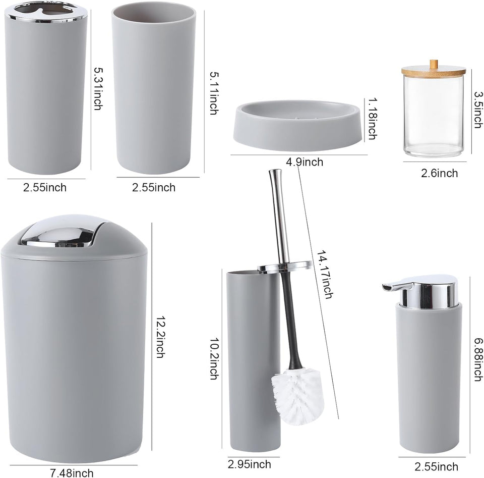 Bathroom Accessories Set Grey Bathroom Set with Trash Can, Toothbrush Holder Soap Dispenser Soap and Lotion Set Tumbler Cup Qtip Holder