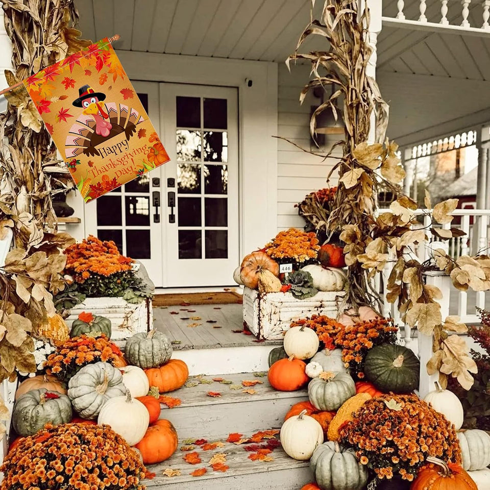 Thanksgiving Flag 28X40 Double Sided,Happy Thanksgiving House Flag,Vertical Burlap Turkey Thanksgiving Flag,Thanksgiving House Flag Outdoor for Sign