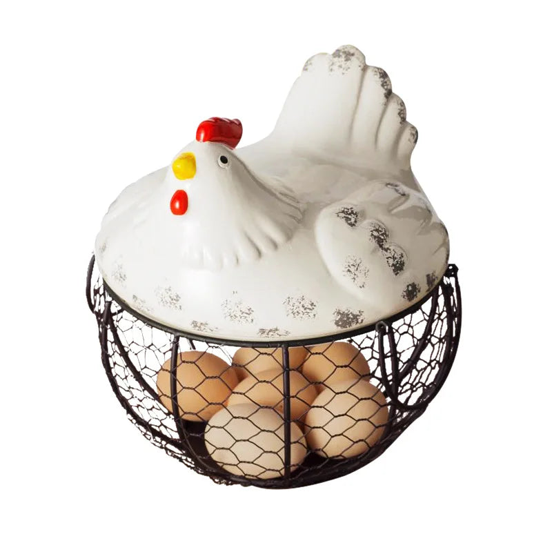 Joylove Ceramic Egg Basket Fruit Basket Garlic Potato Sundries Blue Ceramic Kitchen Decoration Creative Hen Storage Iron Basket