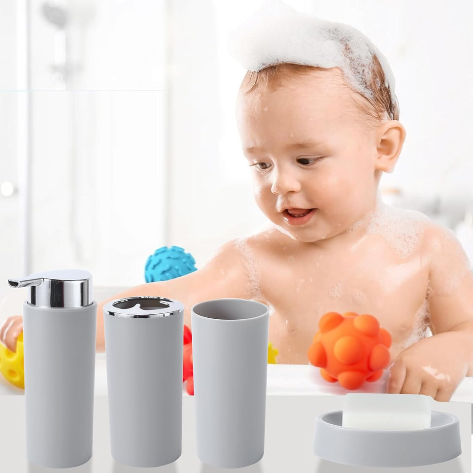 Bathroom Accessories Set Grey Bathroom Set with Trash Can, Toothbrush Holder Soap Dispenser Soap and Lotion Set Tumbler Cup Qtip Holder