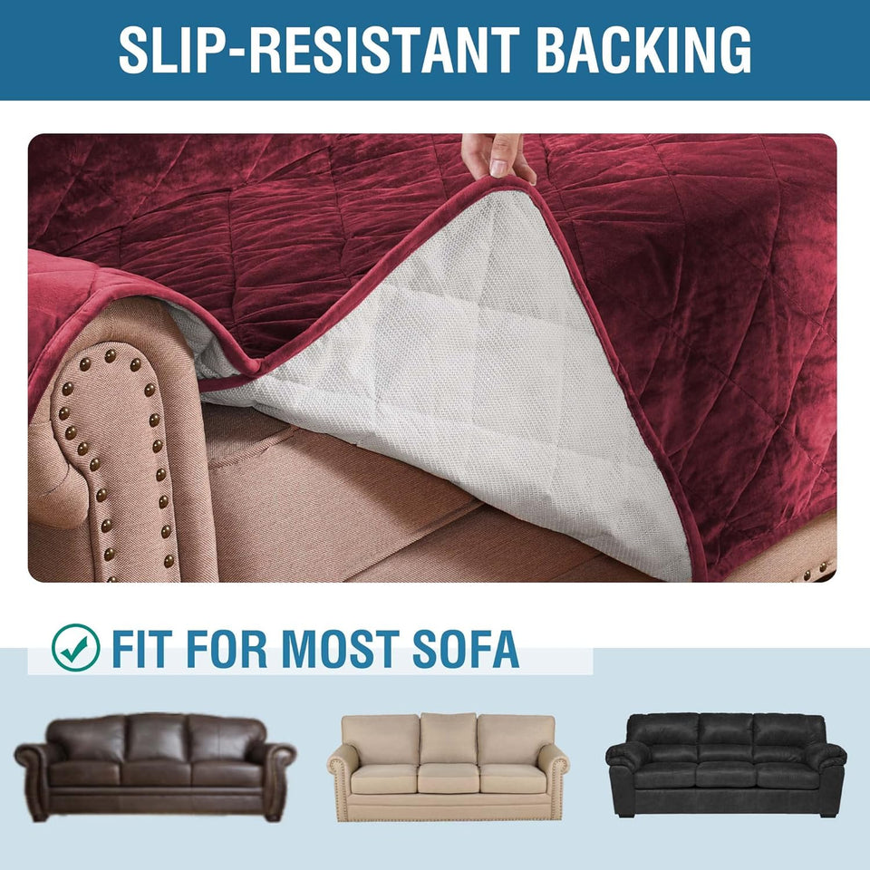Thick Velvet Sofa Cover Soft Couch Cover for 3 Cushion Cover Washable Furniture Protector for Dogs Non-Slip Sofa Slipcover Fit Sitting Width up to 78"(Oversaized Sofa, Burgundy)