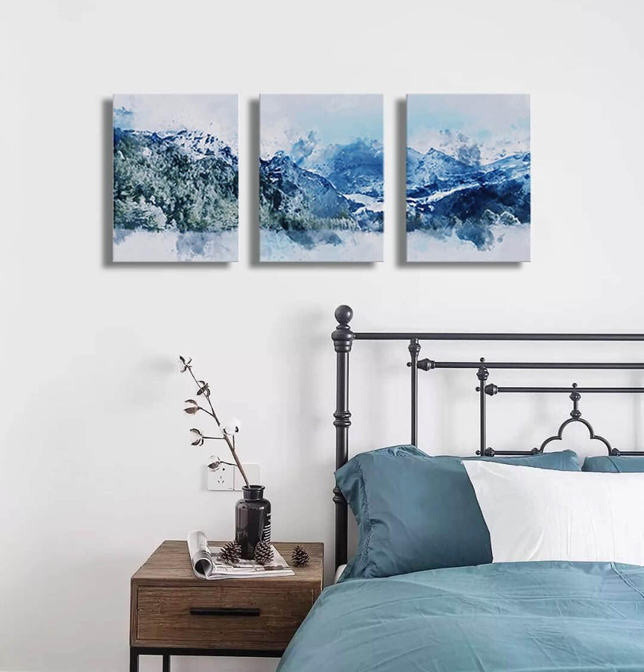 Abstract Canvas Wall Art - Blue & Navy Wall Art Set of 3 X 12X16Inch Blue Living Room, Bedroom, Bathroom Wall Artwork, Gable Artwork, Picture Art