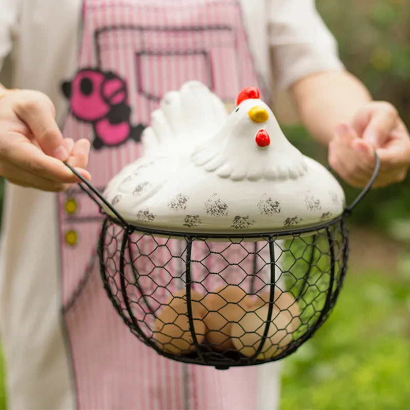 Joylove Ceramic Egg Basket Fruit Basket Garlic Potato Sundries Blue Ceramic Kitchen Decoration Creative Hen Storage Iron Basket