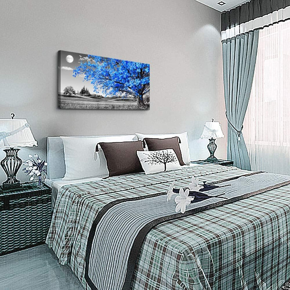 Large Wall Art for Living Room Blue Moon Tree Landscape Abstract Painting Office Bedroom Wall Decor 30" X 60" Single Pieces Canvas Prints Ready to Hang for Home Decoration Black and White Works of Art
