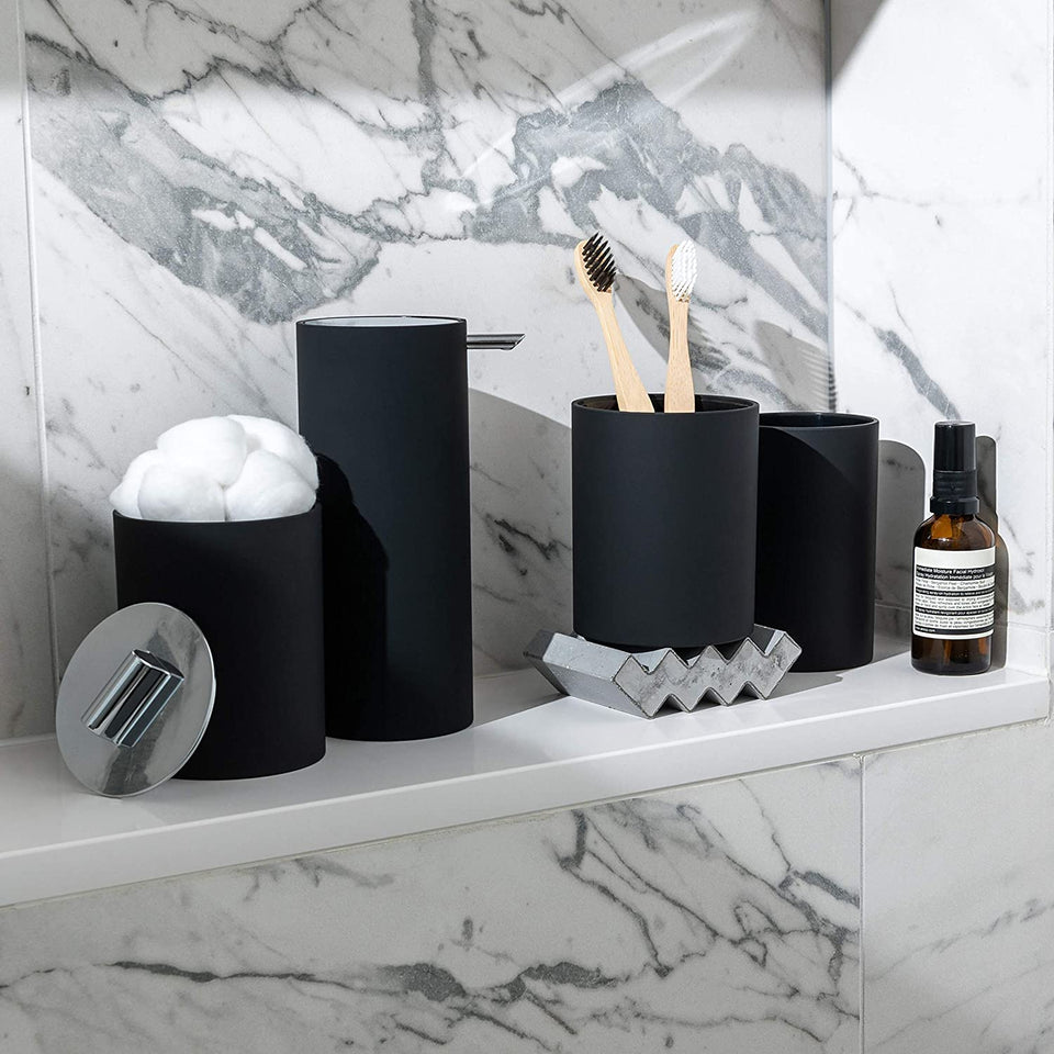 Sleek Matte Black Bathroom Accessory Set 4 Pcs Complete Bathroom Set Modern Bathroom Decor Bathroom Organizer Accesorios Para Baños Toothbrush Holder Soap Dispenser Set Home Decor Clearance
