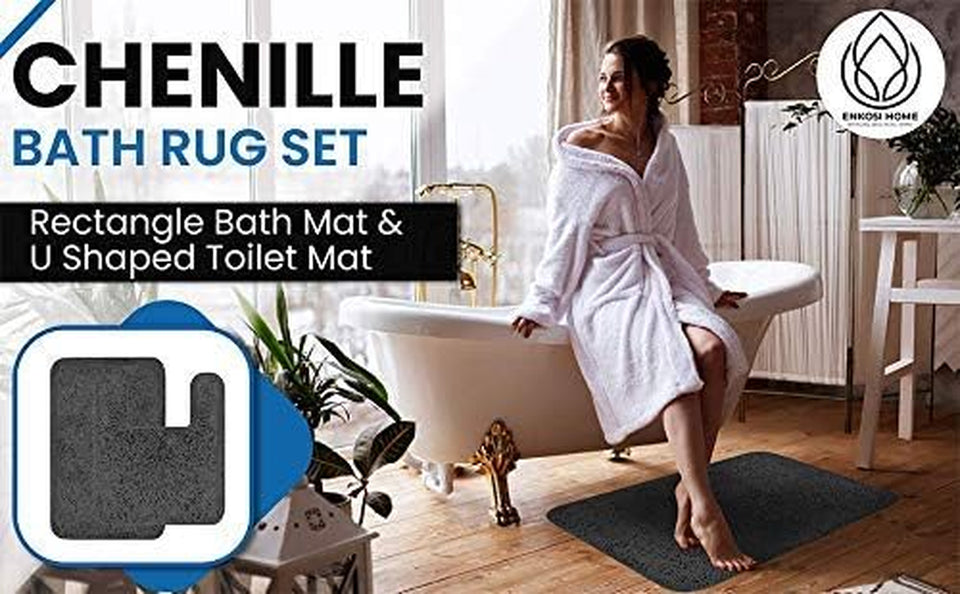 Chenille Grey Bathroom Rug Set - 2 Piece U Shaped Toilet Mats