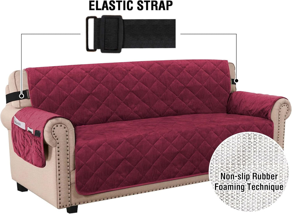 Thick Velvet Sofa Cover Soft Couch Cover for 3 Cushion Cover Washable Furniture Protector for Dogs Non-Slip Sofa Slipcover Fit Sitting Width up to 78"(Oversaized Sofa, Burgundy)