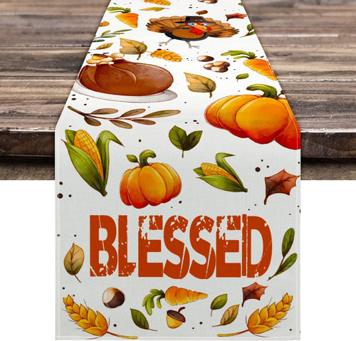 Thanksgiving Table Runner, Thanksgiving Runner for Table Blessed Turkey Thanksgiving Table Decorations for Indoor Outdoor Thanksgiving Decorations 13 X 72 Inch (13