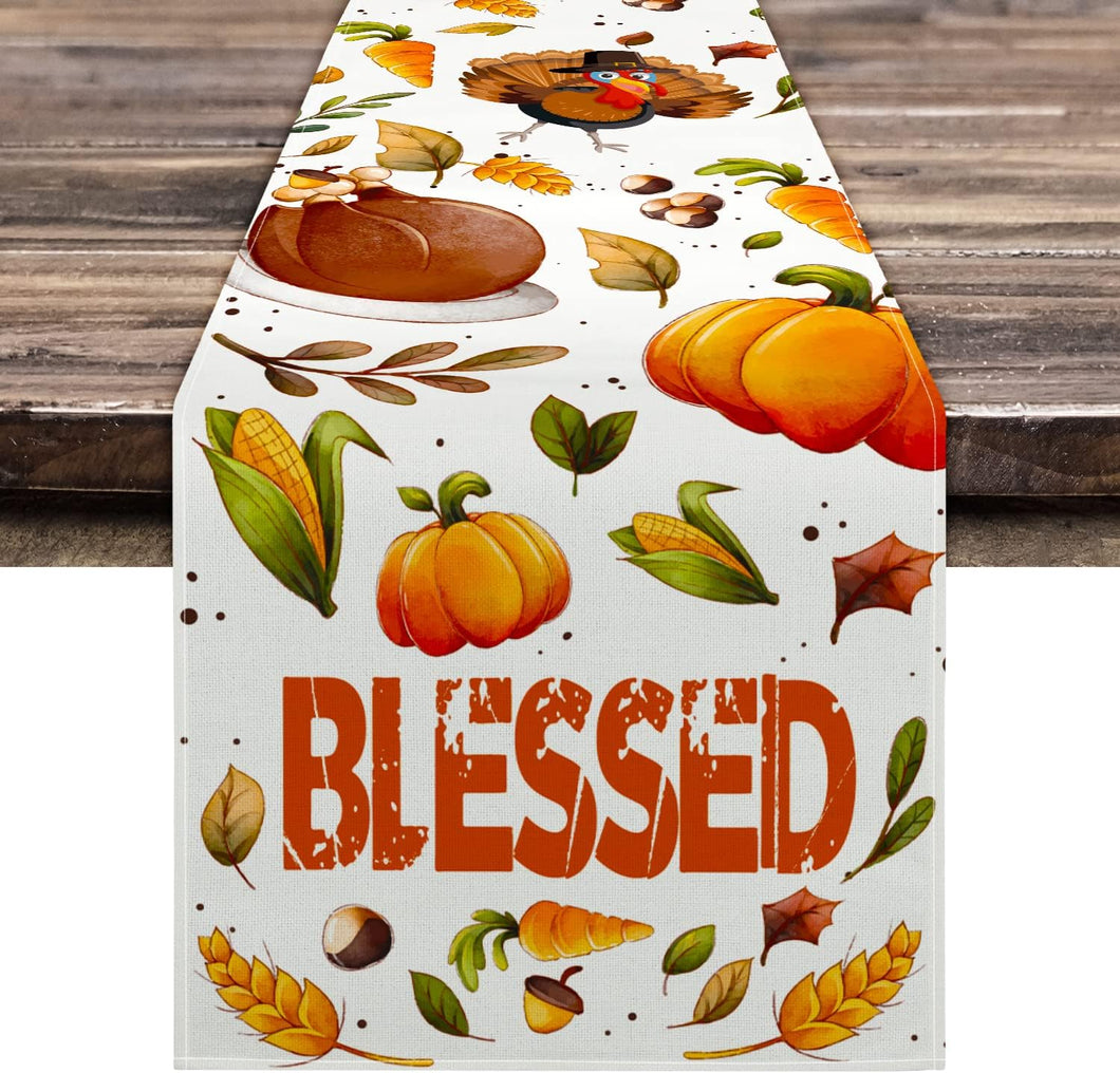 Thanksgiving Table Runner, Thanksgiving Runner for Table Blessed Turkey Thanksgiving Table Decorations for Indoor Outdoor Thanksgiving Decorations 13 X 72 Inch (13