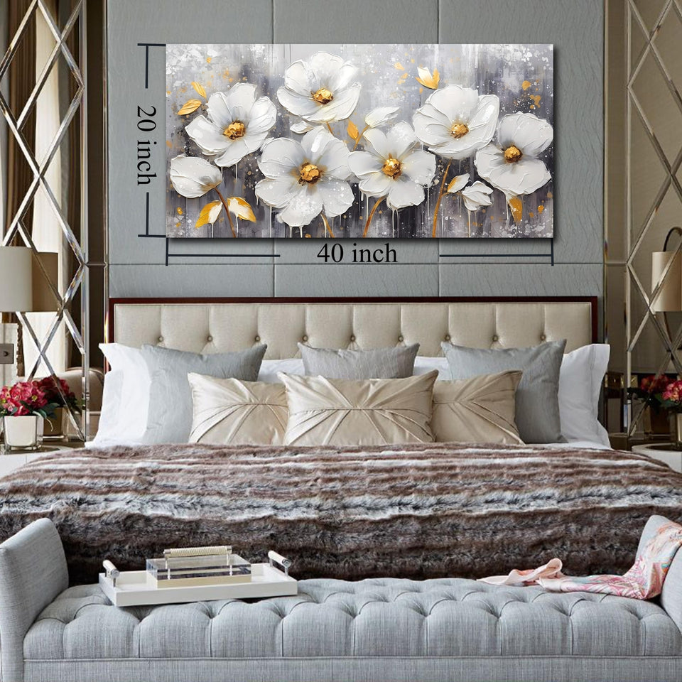 Flower Wall Art for Bedroom -White Wall Decor - Gold Wall Art for Living Room...
